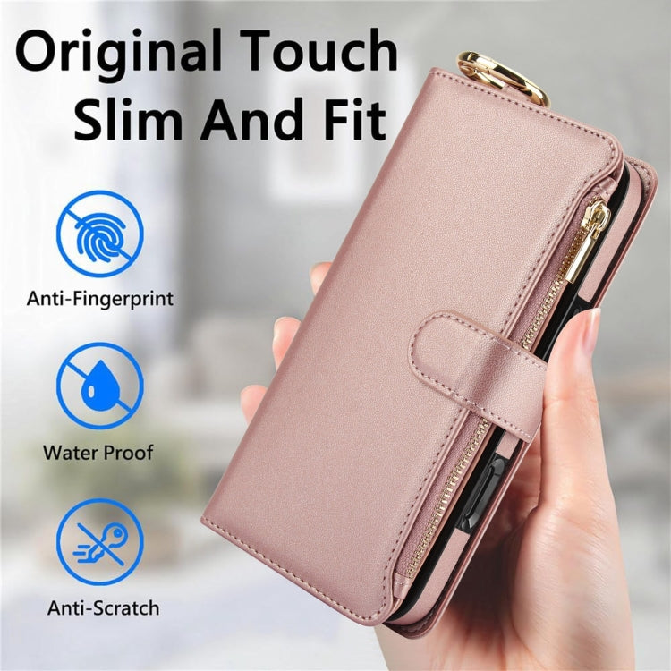 For iPhone 16 Pro Max Crossbody Ring Multifunctional Wallet Leather Phone Case(Rose Gold) by buy2fix