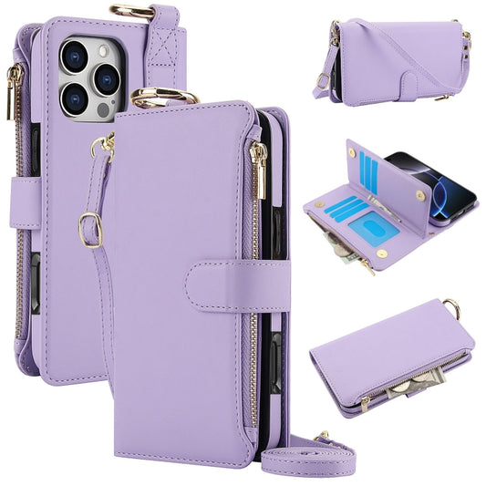 For iPhone 16 Pro Max Crossbody Ring Multifunctional Wallet Leather Phone Case(Purple) by buy2fix