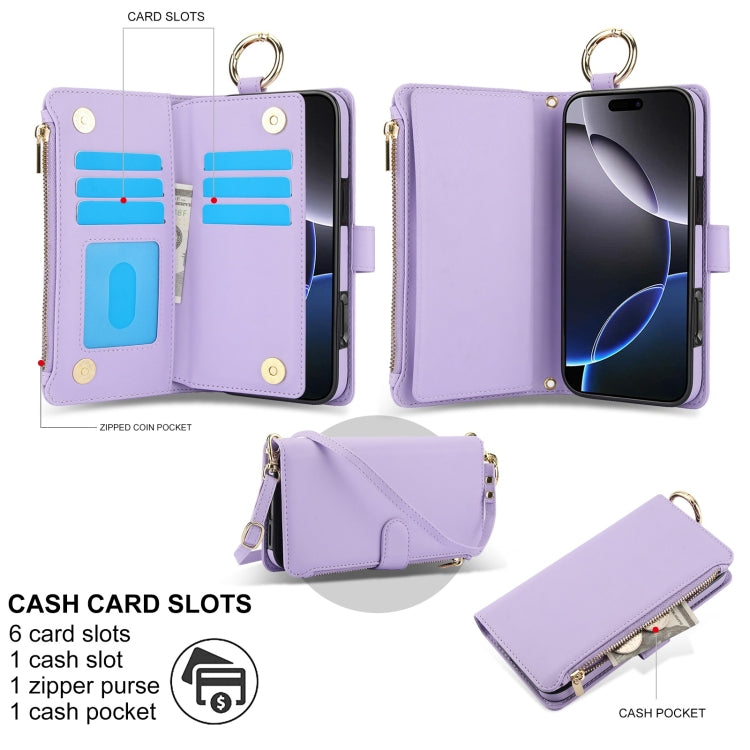 For iPhone 16 Pro Max Crossbody Ring Multifunctional Wallet Leather Phone Case(Purple) by buy2fix