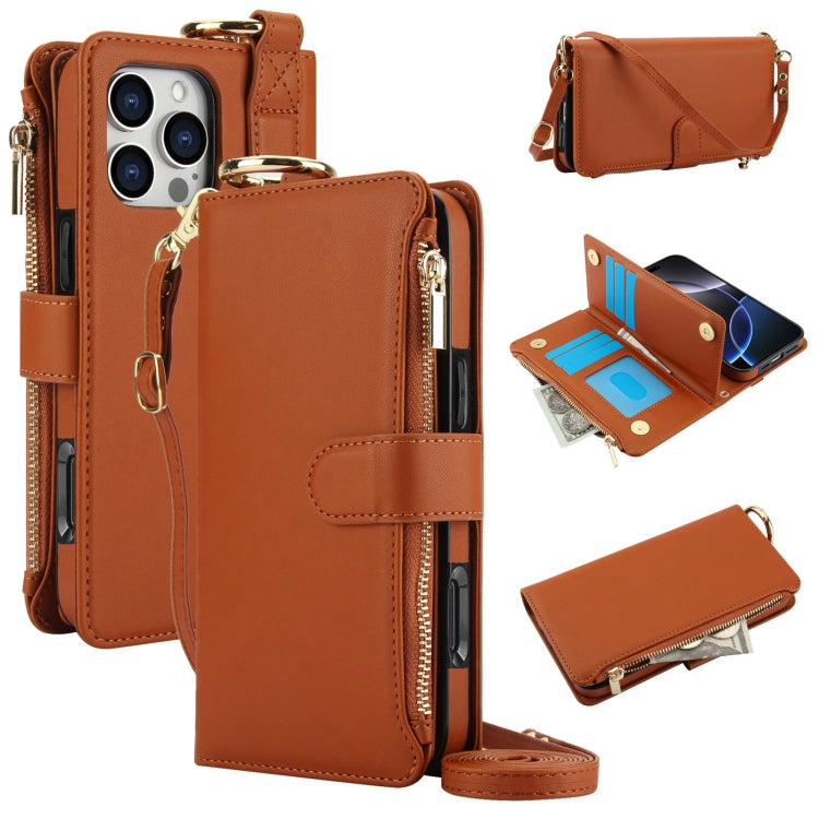 For iPhone 16 Pro Max Crossbody Ring Multifunctional Wallet Leather Phone Case(Brown) by buy2fix