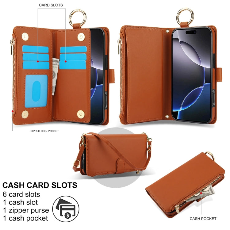 For iPhone 16 Pro Max Crossbody Ring Multifunctional Wallet Leather Phone Case(Brown) by buy2fix