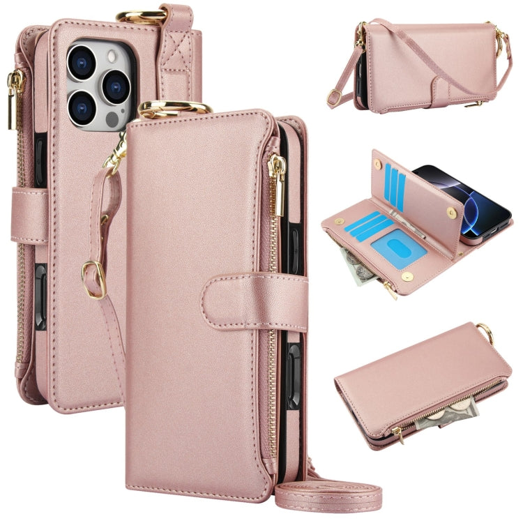 For iPhone 16 Pro Crossbody Ring Multifunctional Wallet Leather Phone Case(Rose Gold) by buy2fix