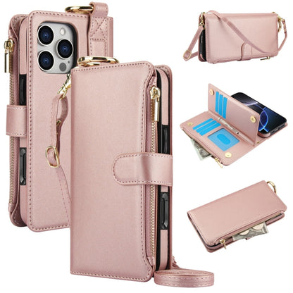 For iPhone 16 Pro Crossbody Ring Multifunctional Wallet Leather Phone Case(Rose Gold) by buy2fix