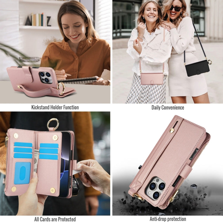 For iPhone 16 Pro Crossbody Ring Multifunctional Wallet Leather Phone Case(Rose Gold) by buy2fix