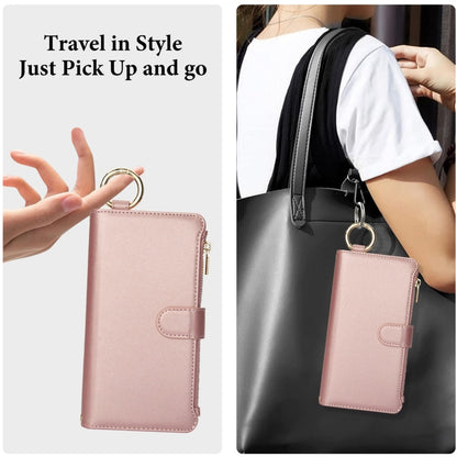 For iPhone 16 Pro Crossbody Ring Multifunctional Wallet Leather Phone Case(Rose Gold) by buy2fix
