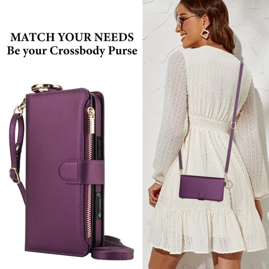 For iPhone 16 Pro Crossbody Ring Multifunctional Wallet Leather Phone Case(Dark Purple) by buy2fix