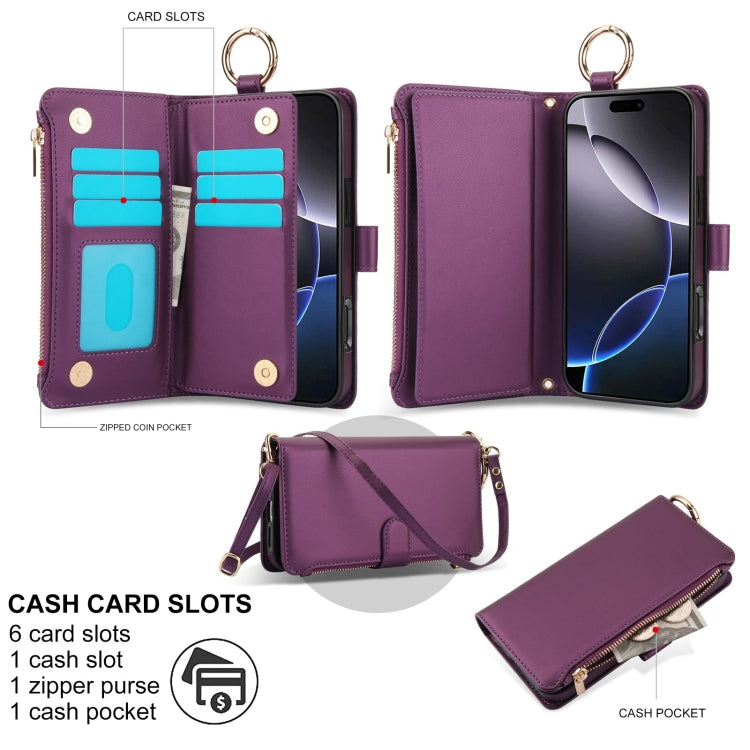 For iPhone 16 Pro Crossbody Ring Multifunctional Wallet Leather Phone Case(Dark Purple) by buy2fix