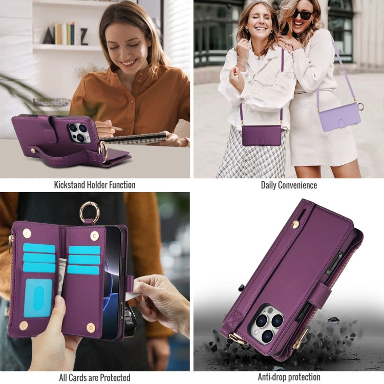For iPhone 16 Pro Crossbody Ring Multifunctional Wallet Leather Phone Case(Dark Purple) by buy2fix