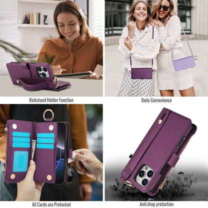 For iPhone 16 Pro Crossbody Ring Multifunctional Wallet Leather Phone Case(Dark Purple) by buy2fix