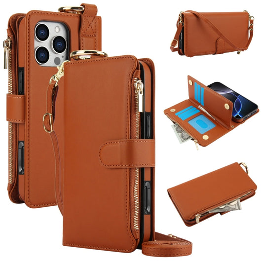 For iPhone 16 Pro Crossbody Ring Multifunctional Wallet Leather Phone Case(Brown) by buy2fix