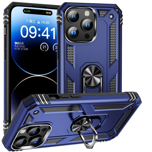 For iPhone 16 Pro Shockproof TPU Hybrid PC Phone Case with Holder(Blue) by buy2fix