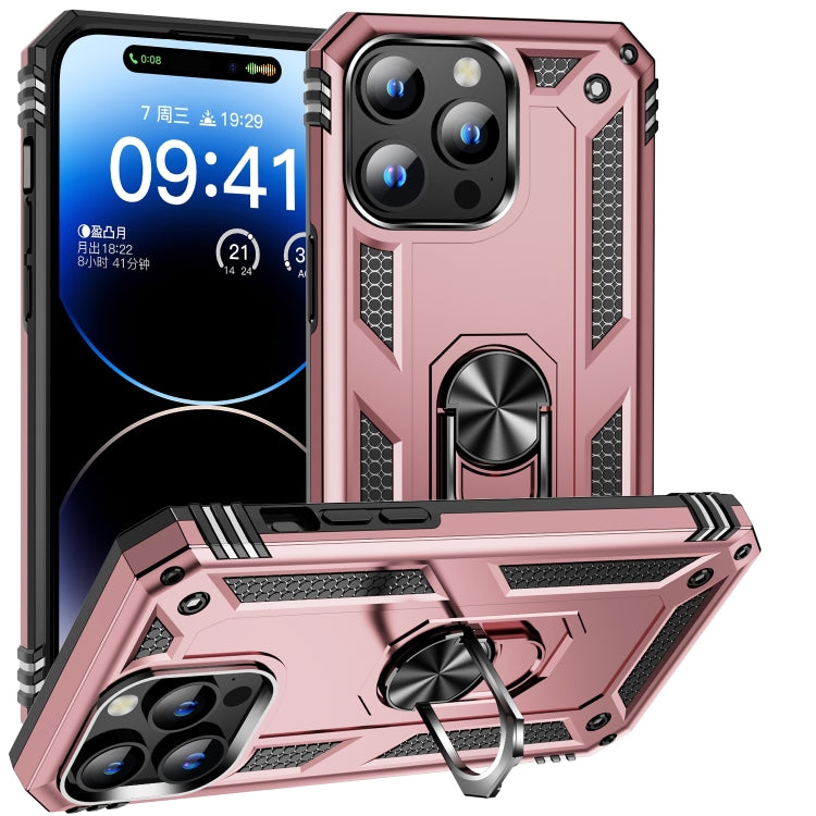 For iPhone 16 Pro Shockproof TPU Hybrid PC Phone Case with Holder(Rose Gold) by buy2fix