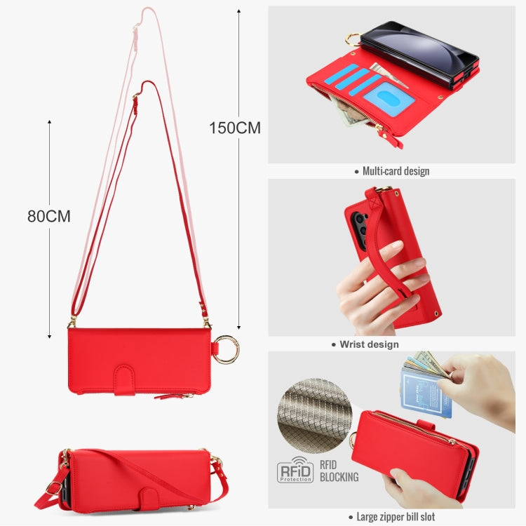 For Samsung Galaxy Z Fold6 Crossbody Ring Multifunctional Wallet Fold Leather Phone Case(Red) - Galaxy Z Fold6 5G Cases by buy2fix | Online Shopping UK | buy2fix