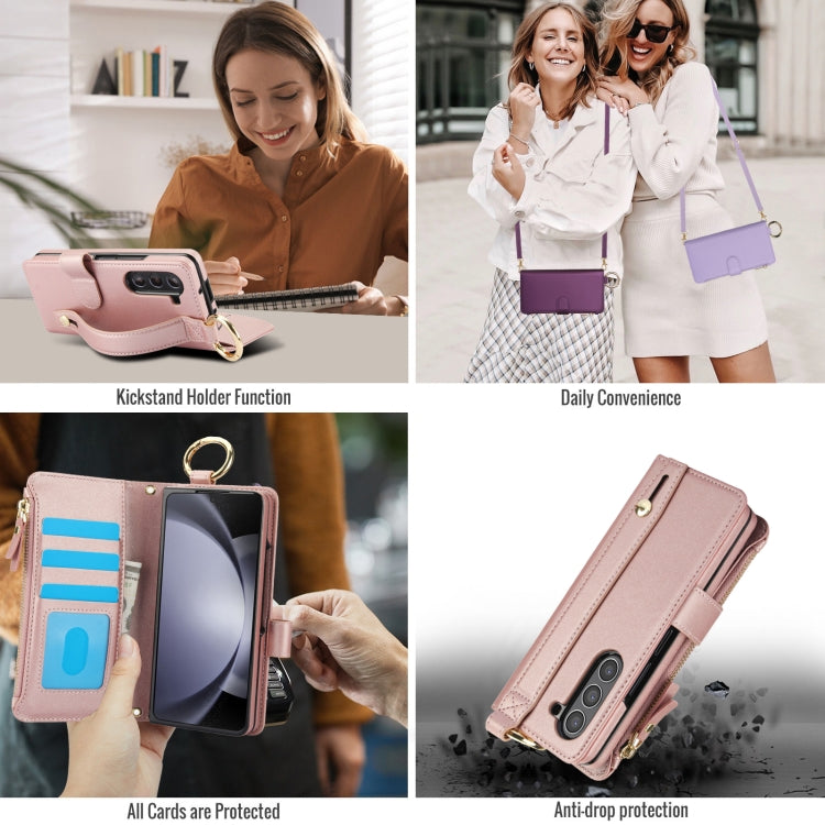 For Samsung Galaxy Z Fold6 Crossbody Ring Multifunctional Wallet Fold Leather Phone Case(Rose Gold) - Galaxy Z Fold6 5G Cases by buy2fix | Online Shopping UK | buy2fix