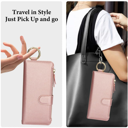 For Samsung Galaxy Z Fold6 Crossbody Ring Multifunctional Wallet Fold Leather Phone Case(Rose Gold) - Galaxy Z Fold6 5G Cases by buy2fix | Online Shopping UK | buy2fix