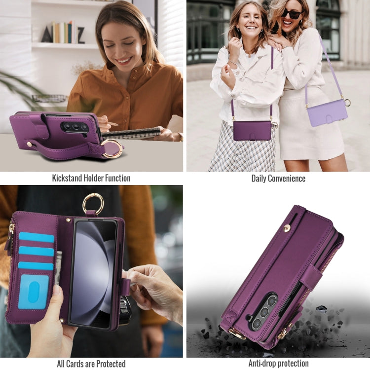 For Samsung Galaxy Z Fold6 Crossbody Ring Multifunctional Wallet Fold Leather Phone Case(Dark Purple) - Galaxy Z Fold6 5G Cases by buy2fix | Online Shopping UK | buy2fix