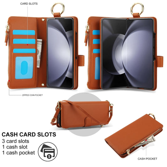 For Samsung Galaxy Z Fold6 Crossbody Ring Multifunctional Wallet Fold Leather Phone Case(Brown) - Galaxy Z Fold6 5G Cases by buy2fix | Online Shopping UK | buy2fix