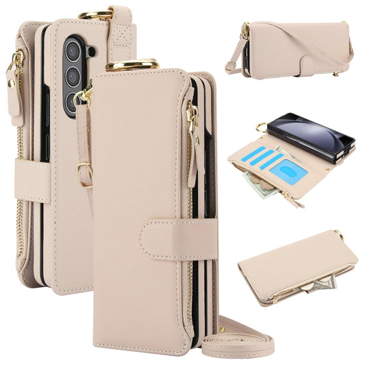 For Samsung Galaxy Z Fold5 Crossbody Ring Multifunctional Wallet Fold Leather Phone Case(White) - Galaxy Z Fold5 Cases by buy2fix | Online Shopping UK | buy2fix
