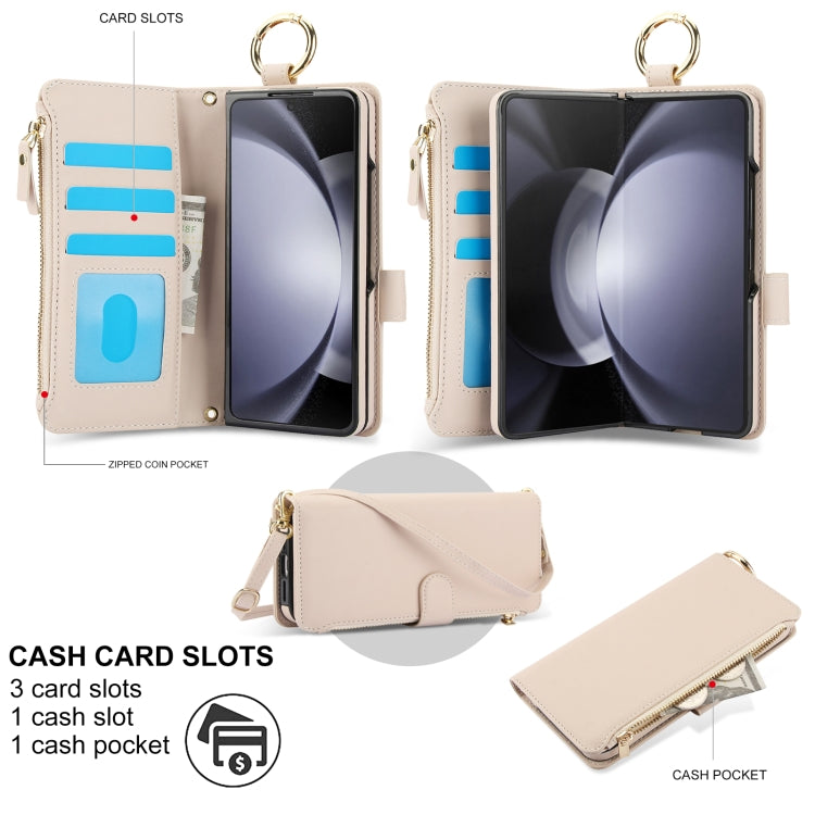 For Samsung Galaxy Z Fold5 Crossbody Ring Multifunctional Wallet Fold Leather Phone Case(White) - Galaxy Z Fold5 Cases by buy2fix | Online Shopping UK | buy2fix