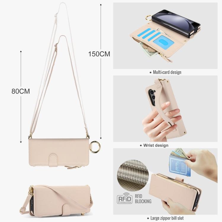 For Samsung Galaxy Z Fold5 Crossbody Ring Multifunctional Wallet Fold Leather Phone Case(White) - Galaxy Z Fold5 Cases by buy2fix | Online Shopping UK | buy2fix