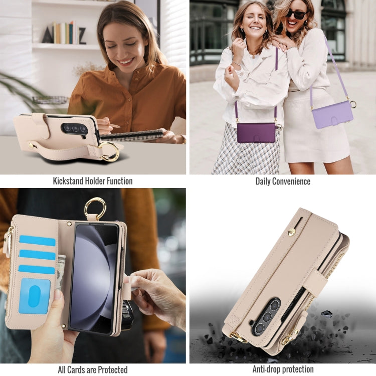 For Samsung Galaxy Z Fold5 Crossbody Ring Multifunctional Wallet Fold Leather Phone Case(White) - Galaxy Z Fold5 Cases by buy2fix | Online Shopping UK | buy2fix