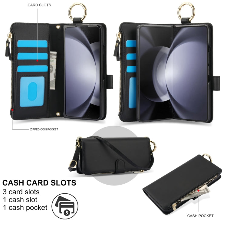 For Samsung Galaxy Z Fold5 Crossbody Ring Multifunctional Wallet Fold Leather Phone Case(Black) - Galaxy Z Fold5 Cases by buy2fix | Online Shopping UK | buy2fix
