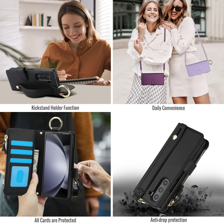 For Samsung Galaxy Z Fold5 Crossbody Ring Multifunctional Wallet Fold Leather Phone Case(Black) - Galaxy Z Fold5 Cases by buy2fix | Online Shopping UK | buy2fix