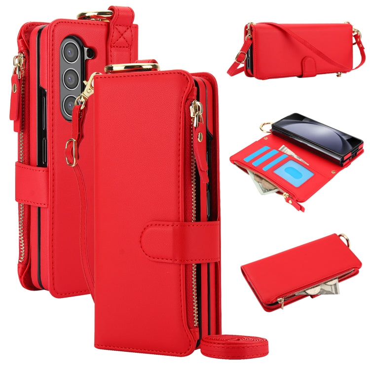 For Samsung Galaxy Z Fold5 Crossbody Ring Multifunctional Wallet Fold Leather Phone Case(Red) - Galaxy Z Fold5 Cases by buy2fix | Online Shopping UK | buy2fix