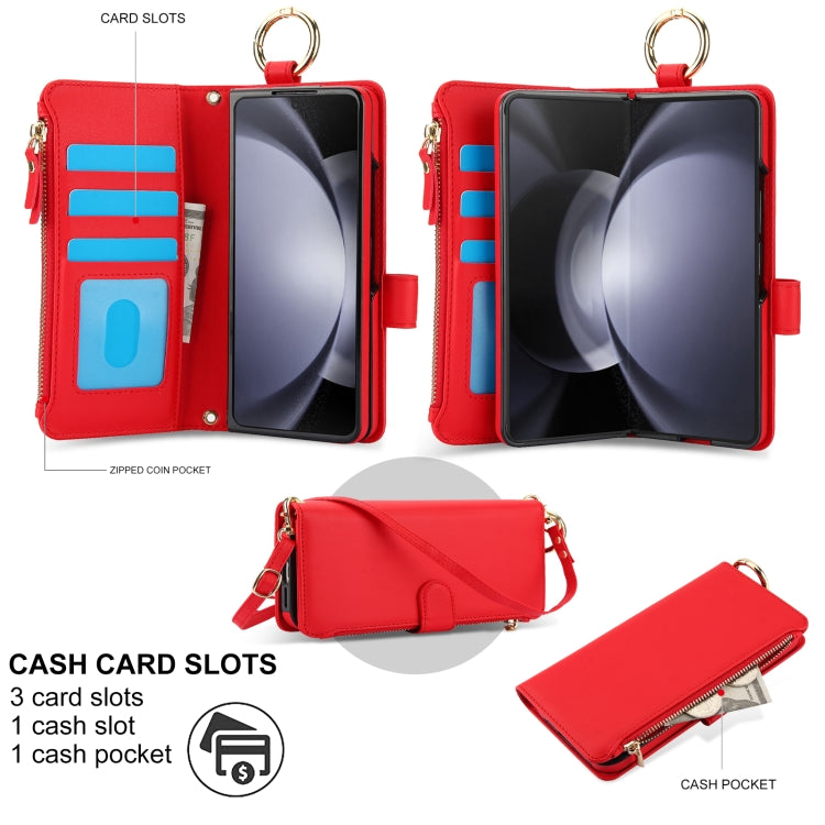 For Samsung Galaxy Z Fold5 Crossbody Ring Multifunctional Wallet Fold Leather Phone Case(Red) - Galaxy Z Fold5 Cases by buy2fix | Online Shopping UK | buy2fix