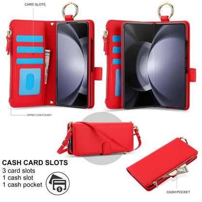 For Samsung Galaxy Z Fold5 Crossbody Ring Multifunctional Wallet Fold Leather Phone Case(Red) - Galaxy Z Fold5 Cases by buy2fix | Online Shopping UK | buy2fix
