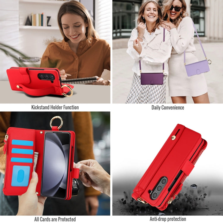 For Samsung Galaxy Z Fold5 Crossbody Ring Multifunctional Wallet Fold Leather Phone Case(Red) - Galaxy Z Fold5 Cases by buy2fix | Online Shopping UK | buy2fix