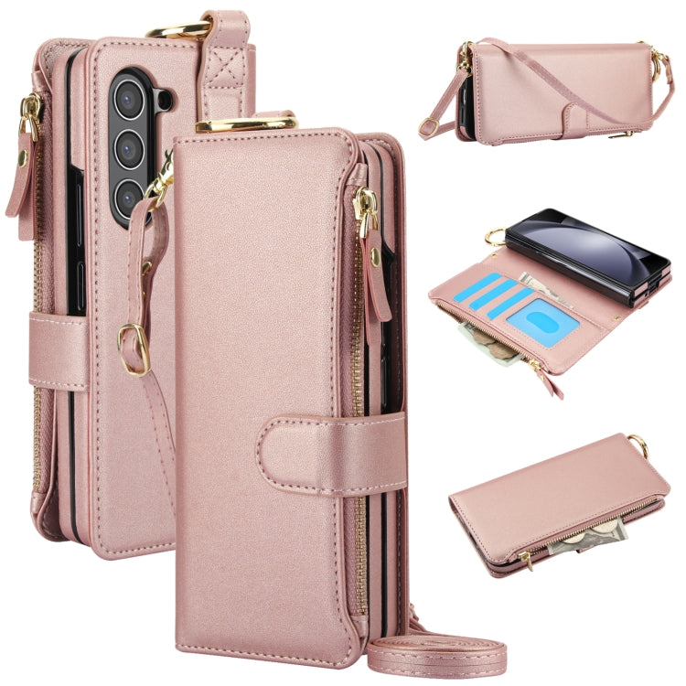 For Samsung Galaxy Z Fold5 Crossbody Ring Multifunctional Wallet Fold Leather Phone Case(Rose Gold) - Galaxy Z Fold5 Cases by buy2fix | Online Shopping UK | buy2fix