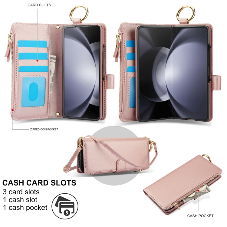 For Samsung Galaxy Z Fold5 Crossbody Ring Multifunctional Wallet Fold Leather Phone Case(Rose Gold) - Galaxy Z Fold5 Cases by buy2fix | Online Shopping UK | buy2fix