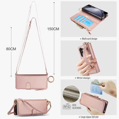 For Samsung Galaxy Z Fold5 Crossbody Ring Multifunctional Wallet Fold Leather Phone Case(Rose Gold) - Galaxy Z Fold5 Cases by buy2fix | Online Shopping UK | buy2fix