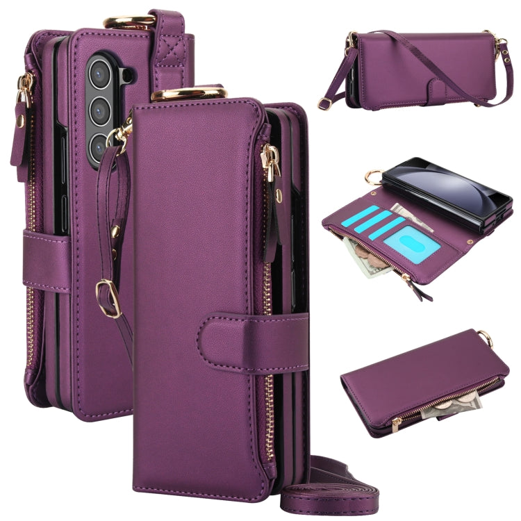 For Samsung Galaxy Z Fold5 Crossbody Ring Multifunctional Wallet Fold Leather Phone Case(Dark Purple) - Galaxy Z Fold5 Cases by buy2fix | Online Shopping UK | buy2fix