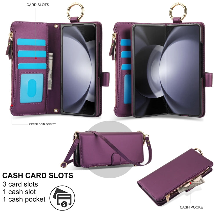 For Samsung Galaxy Z Fold5 Crossbody Ring Multifunctional Wallet Fold Leather Phone Case(Dark Purple) - Galaxy Z Fold5 Cases by buy2fix | Online Shopping UK | buy2fix