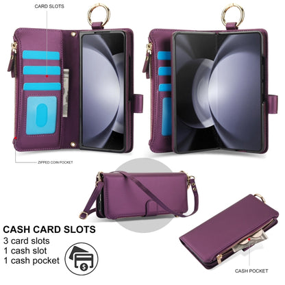 For Samsung Galaxy Z Fold5 Crossbody Ring Multifunctional Wallet Fold Leather Phone Case(Dark Purple) - Galaxy Z Fold5 Cases by buy2fix | Online Shopping UK | buy2fix