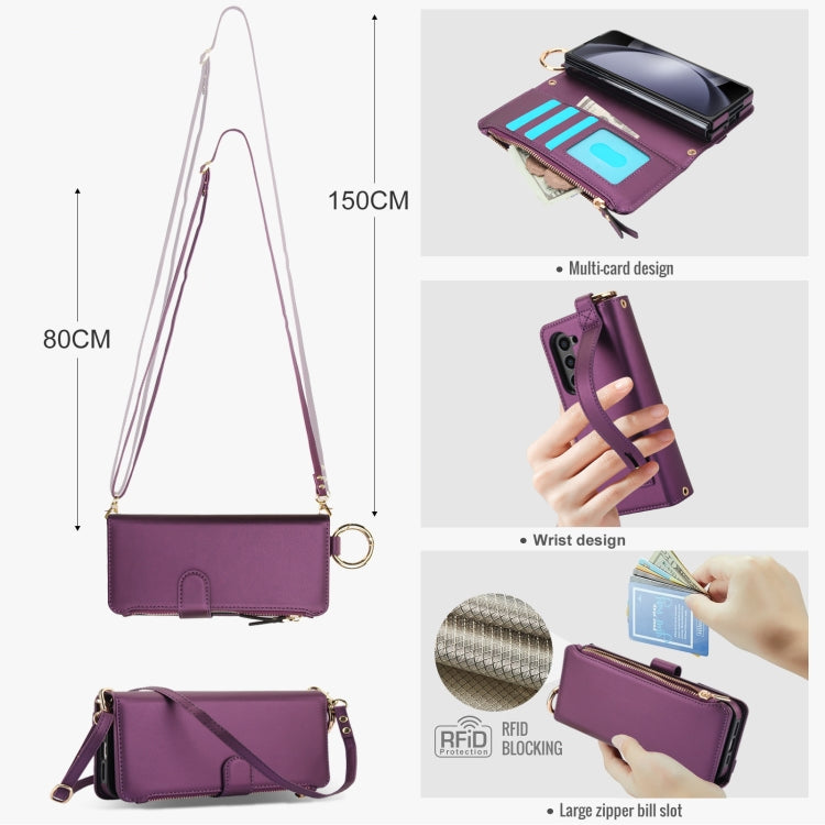 For Samsung Galaxy Z Fold5 Crossbody Ring Multifunctional Wallet Fold Leather Phone Case(Dark Purple) - Galaxy Z Fold5 Cases by buy2fix | Online Shopping UK | buy2fix