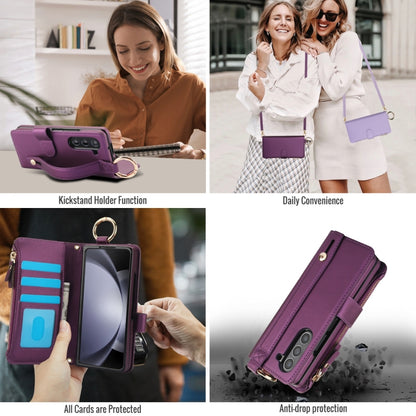 For Samsung Galaxy Z Fold5 Crossbody Ring Multifunctional Wallet Fold Leather Phone Case(Dark Purple) - Galaxy Z Fold5 Cases by buy2fix | Online Shopping UK | buy2fix