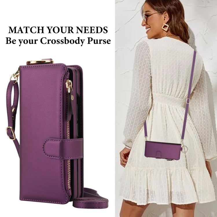 For Samsung Galaxy Z Fold5 Crossbody Ring Multifunctional Wallet Fold Leather Phone Case(Dark Purple) - Galaxy Z Fold5 Cases by buy2fix | Online Shopping UK | buy2fix