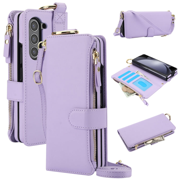 For Samsung Galaxy Z Fold5 Crossbody Ring Multifunctional Wallet Fold Leather Phone Case(Purple) - Galaxy Z Fold5 Cases by buy2fix | Online Shopping UK | buy2fix