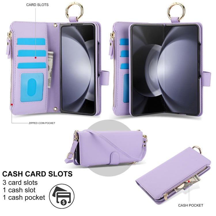 For Samsung Galaxy Z Fold5 Crossbody Ring Multifunctional Wallet Fold Leather Phone Case(Purple) - Galaxy Z Fold5 Cases by buy2fix | Online Shopping UK | buy2fix