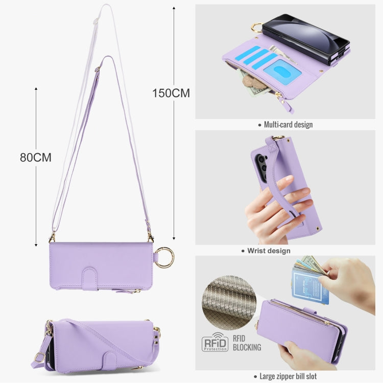 For Samsung Galaxy Z Fold5 Crossbody Ring Multifunctional Wallet Fold Leather Phone Case(Purple) - Galaxy Z Fold5 Cases by buy2fix | Online Shopping UK | buy2fix