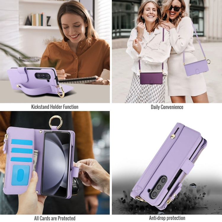 For Samsung Galaxy Z Fold5 Crossbody Ring Multifunctional Wallet Fold Leather Phone Case(Purple) - Galaxy Z Fold5 Cases by buy2fix | Online Shopping UK | buy2fix