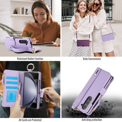 For Samsung Galaxy Z Fold5 Crossbody Ring Multifunctional Wallet Fold Leather Phone Case(Purple) - Galaxy Z Fold5 Cases by buy2fix | Online Shopping UK | buy2fix