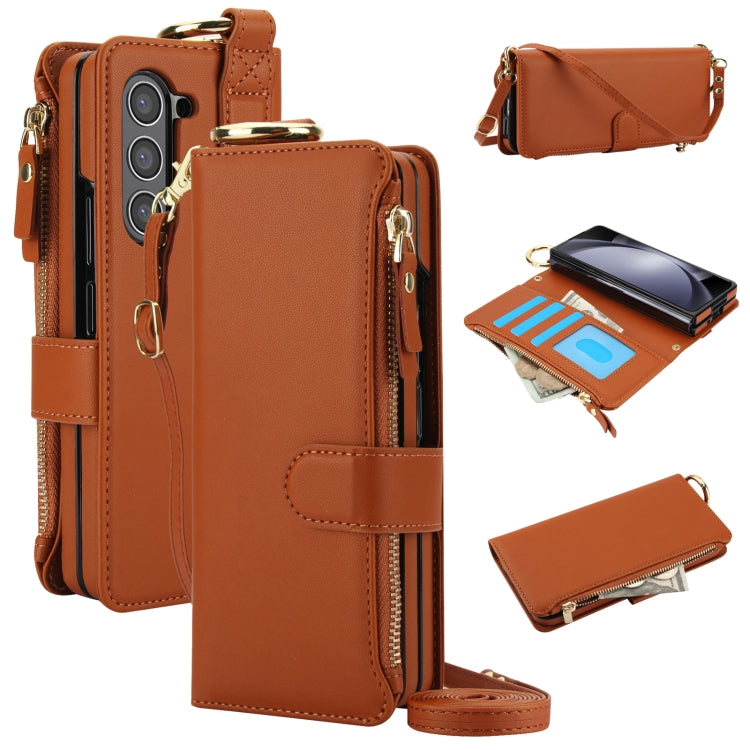 For Samsung Galaxy Z Fold5 Crossbody Ring Multifunctional Wallet Fold Leather Phone Case(Brown) - Galaxy Z Fold5 Cases by buy2fix | Online Shopping UK | buy2fix