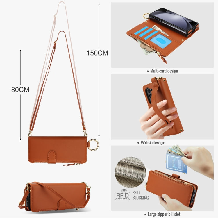 For Samsung Galaxy Z Fold5 Crossbody Ring Multifunctional Wallet Fold Leather Phone Case(Brown) - Galaxy Z Fold5 Cases by buy2fix | Online Shopping UK | buy2fix