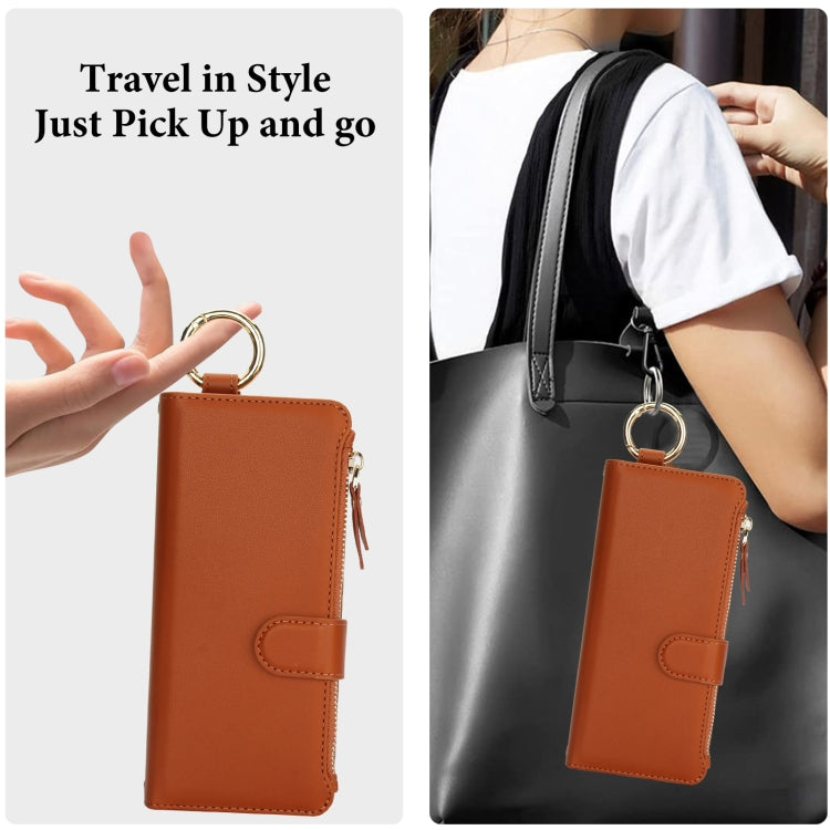 For Samsung Galaxy Z Fold5 Crossbody Ring Multifunctional Wallet Fold Leather Phone Case(Brown) - Galaxy Z Fold5 Cases by buy2fix | Online Shopping UK | buy2fix