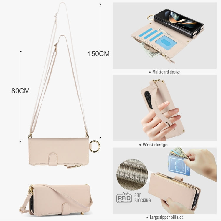 For Samsung Galaxy Z Fold4 Crossbody Ring Multifunctional Wallet Fold Leather Phone Case(White) - Galaxy Z Fold4 5G Cases by buy2fix | Online Shopping UK | buy2fix