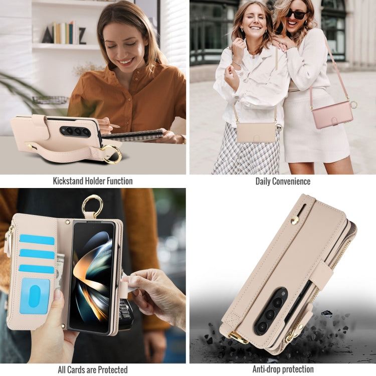 For Samsung Galaxy Z Fold4 Crossbody Ring Multifunctional Wallet Fold Leather Phone Case(White) - Galaxy Z Fold4 5G Cases by buy2fix | Online Shopping UK | buy2fix